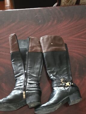 Liz Claiborne Black and Brown Leather Knee-High Heeled Boots
